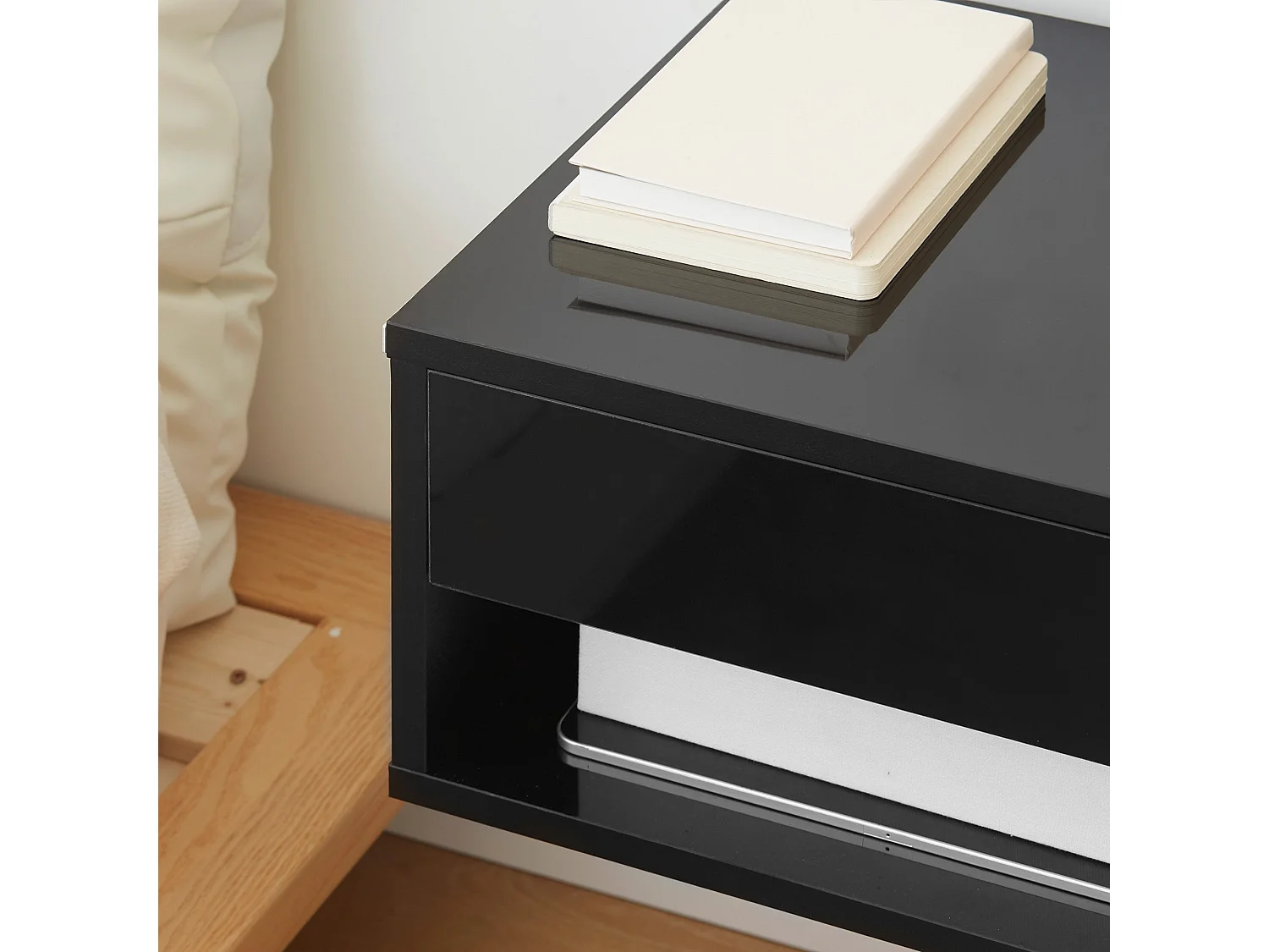 Fisaro Set of 2 High Gloss Black Floating Bedside Tables 1 Drawer 1 Shelf