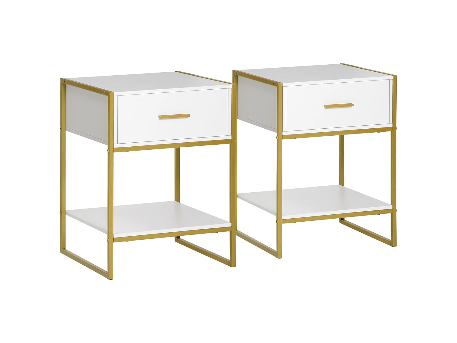 Niva Set of 2 White and Gold Modern Bedside Tables with Drawer and Shelf