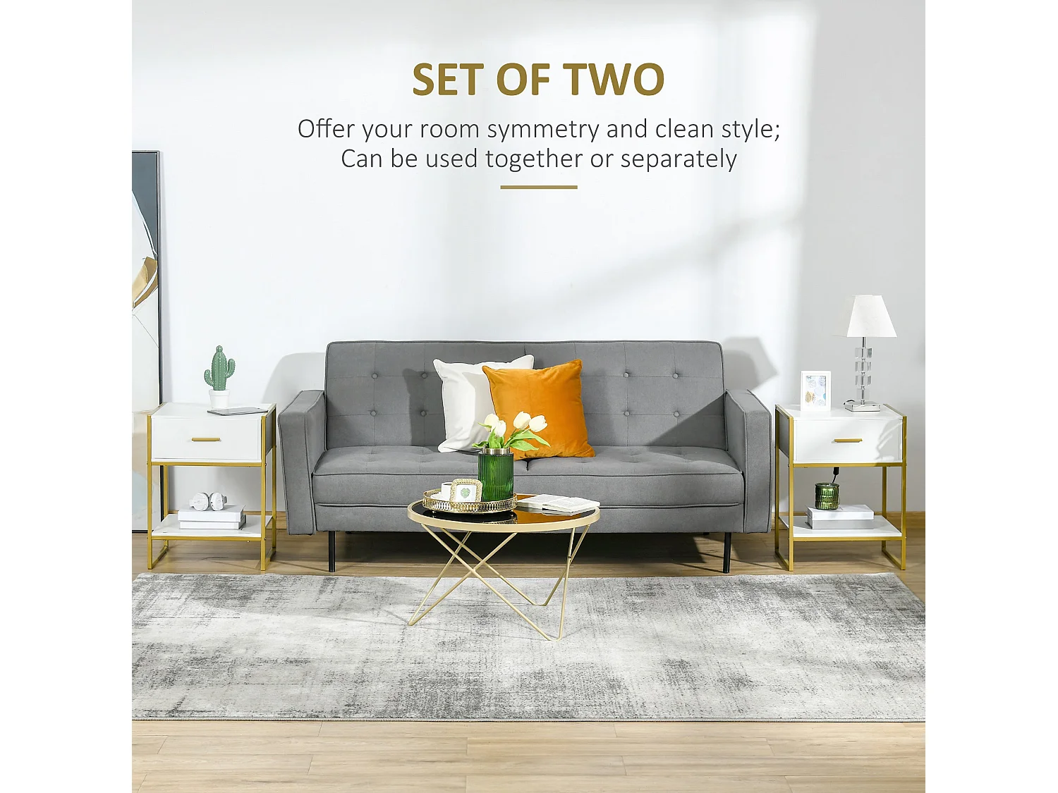 Niva Set of 2 White and Gold Modern Bedside Tables with Drawer and Shelf