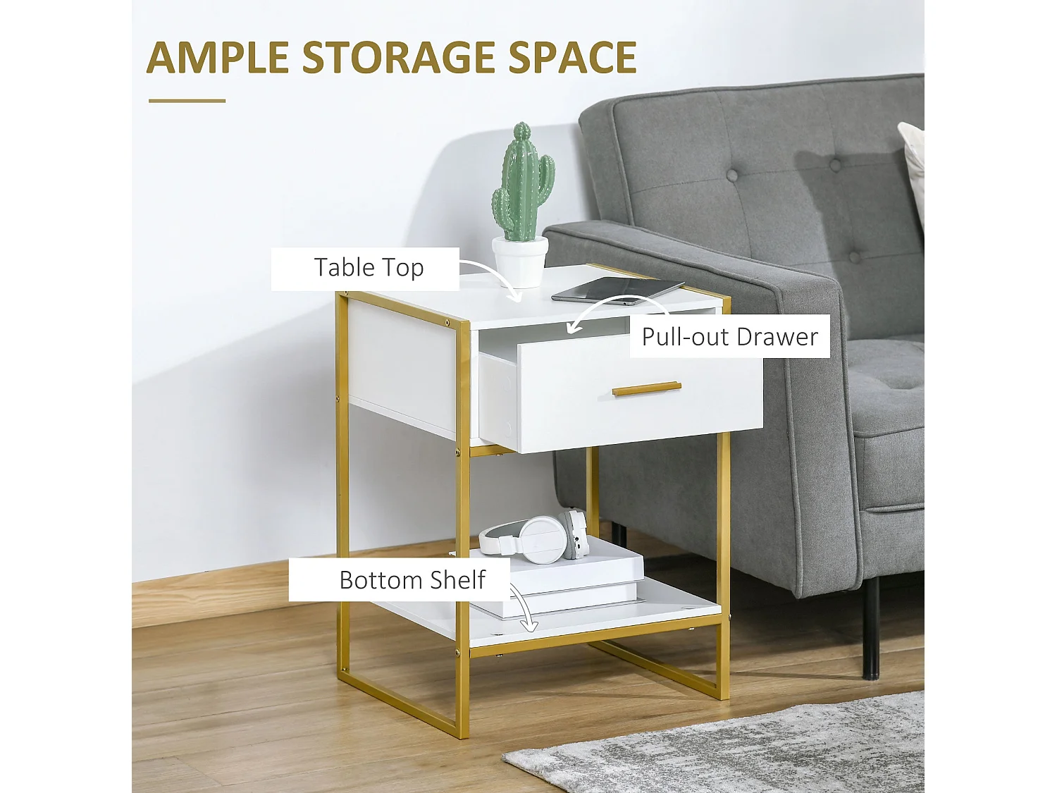 Niva Set of 2 White and Gold Modern Bedside Tables with Drawer and Shelf