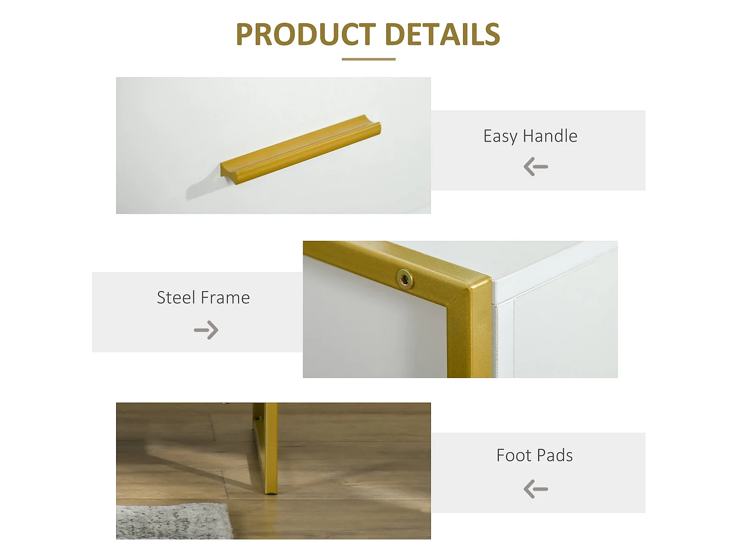 Niva Set of 2 White and Gold Modern Bedside Tables with Drawer and Shelf