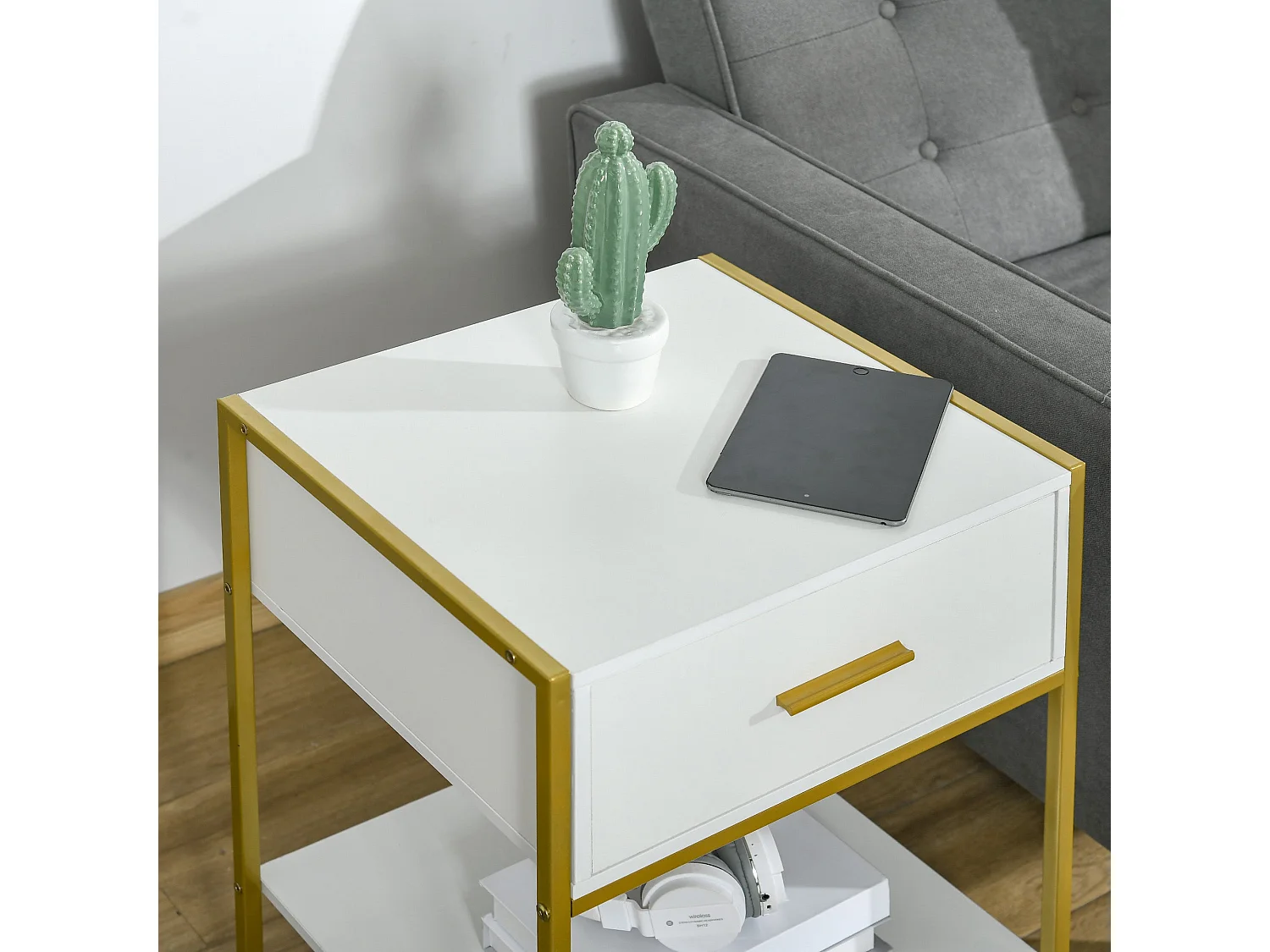 Niva Set of 2 White and Gold Modern Bedside Tables with Drawer and Shelf