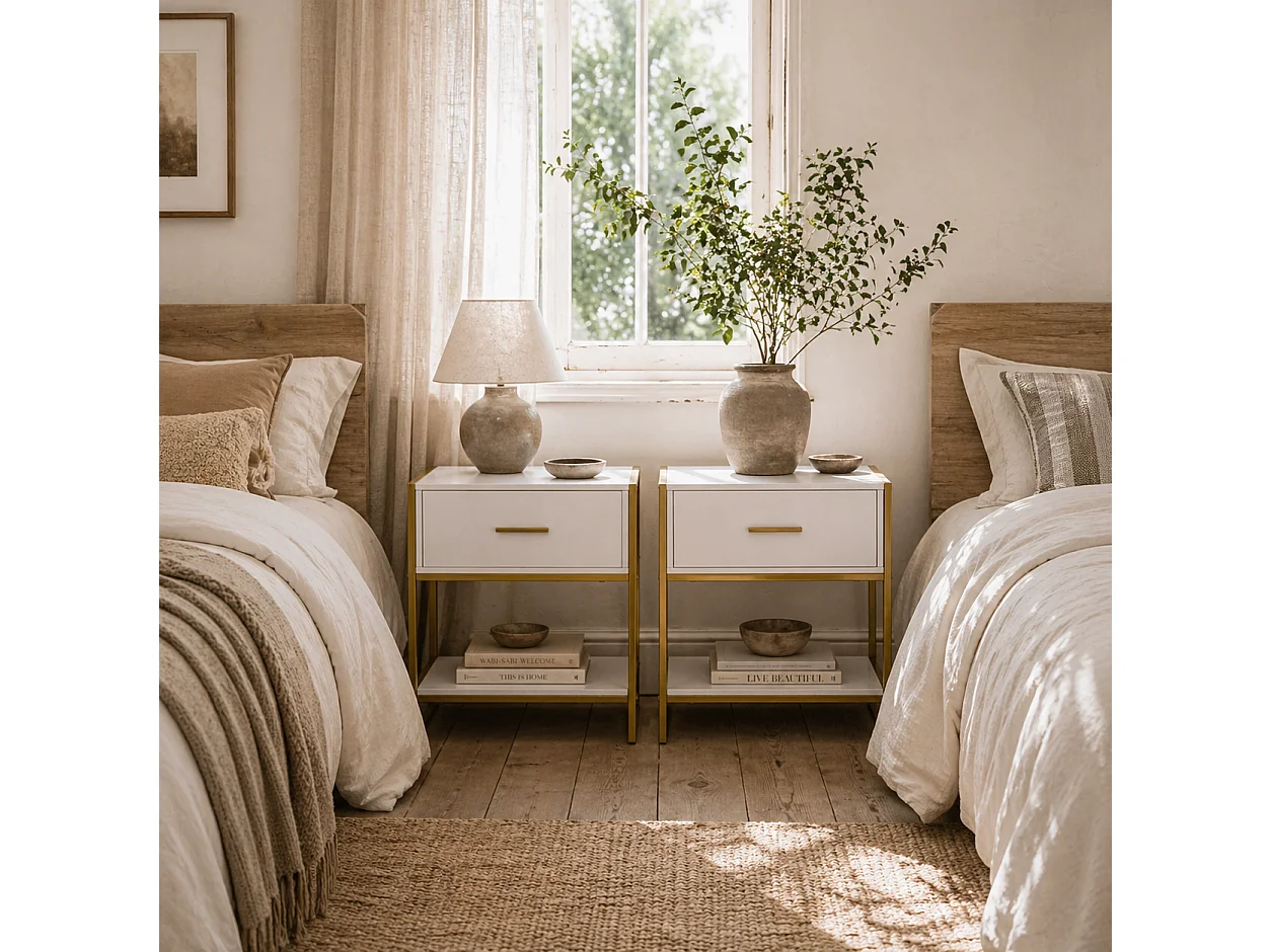 Niva Set of 2 White and Gold Modern Bedside Tables with Drawer and Shelf
