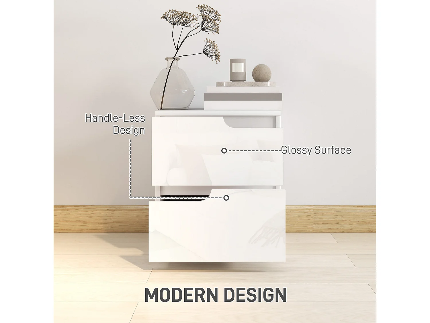 Kavaha Set of 2 High Gloss White Bedside Tables 2 Drawers