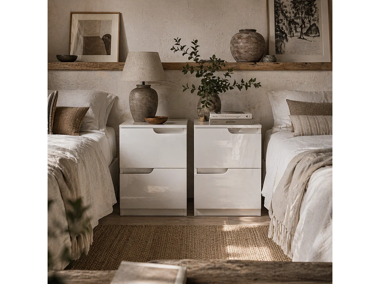Kavaha Set of 2 High Gloss White Bedside Tables 2 Drawers