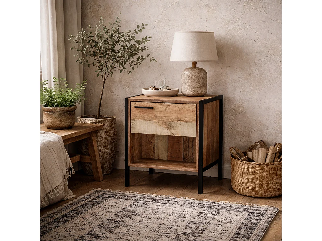 Lucan Oak Effect Distressed Bedside Table 1 Drawer Open Shelf