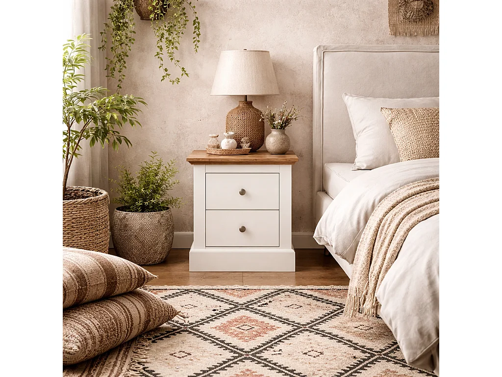 Ardee 2 Drawer Bedside Table White Finish with Natural Oak Top