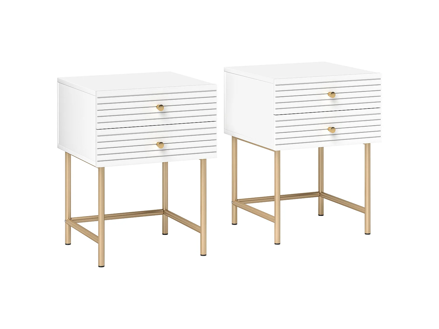 Satosu Set of 2 White and Gold Bedside Tables with Ribbed Drawers