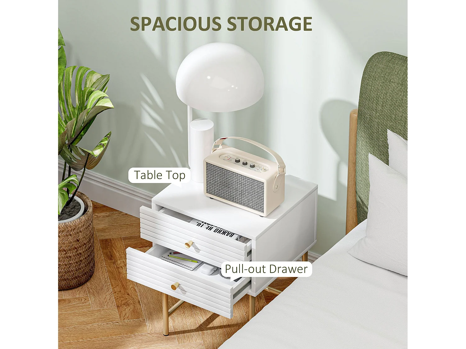 Satosu Set of 2 White and Gold Bedside Tables with Ribbed Drawers