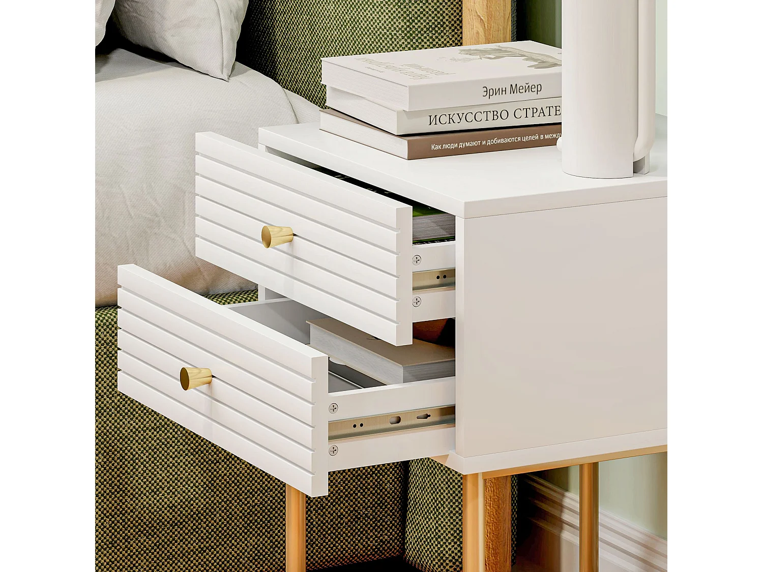 Satosu Set of 2 White and Gold Bedside Tables with Ribbed Drawers