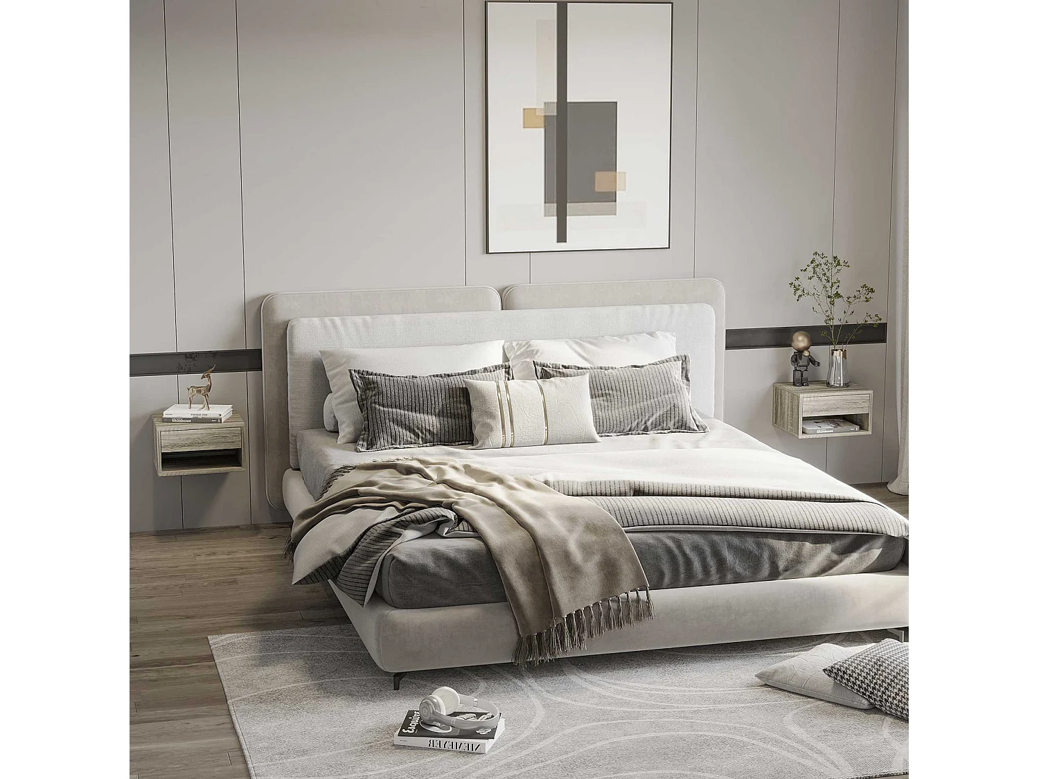 Rosama Set of 2 Grey Wood Effect Floating Bedside Tables Wall Mounted 1 Drawer 1 Shelf