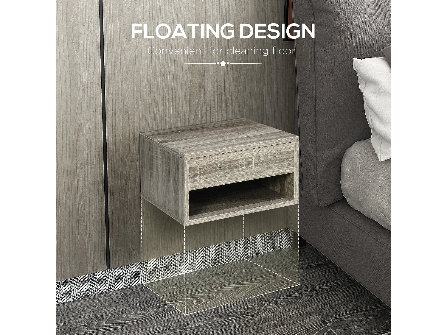 Rosama Set of 2 Grey Wood Effect Floating Bedside Tables Wall Mounted 1 Drawer 1 Shelf