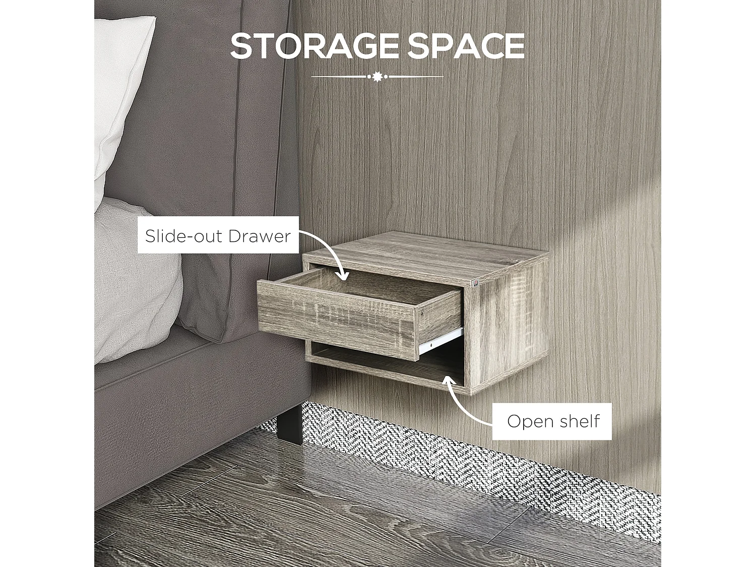 Rosama Set of 2 Grey Wood Effect Floating Bedside Tables Wall Mounted 1 Drawer 1 Shelf