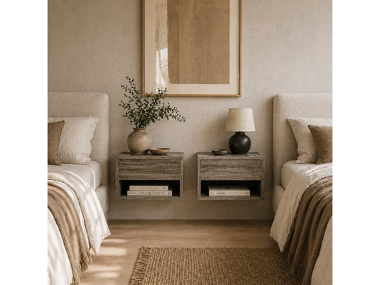 Rosama Set of 2 Grey Wood Effect Floating Bedside Tables Wall Mounted 1 Drawer 1 Shelf