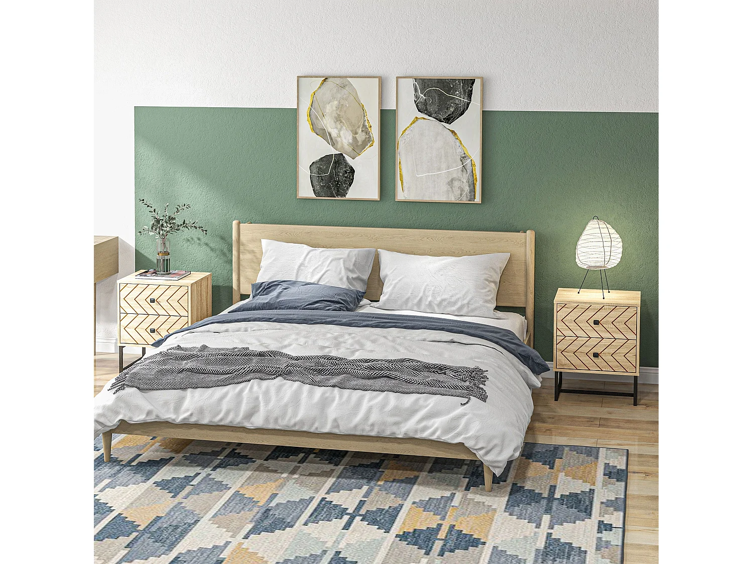 Sare Set of 2 Natural Wood Effect Bedside Tables Zig Zag 2 Drawers
