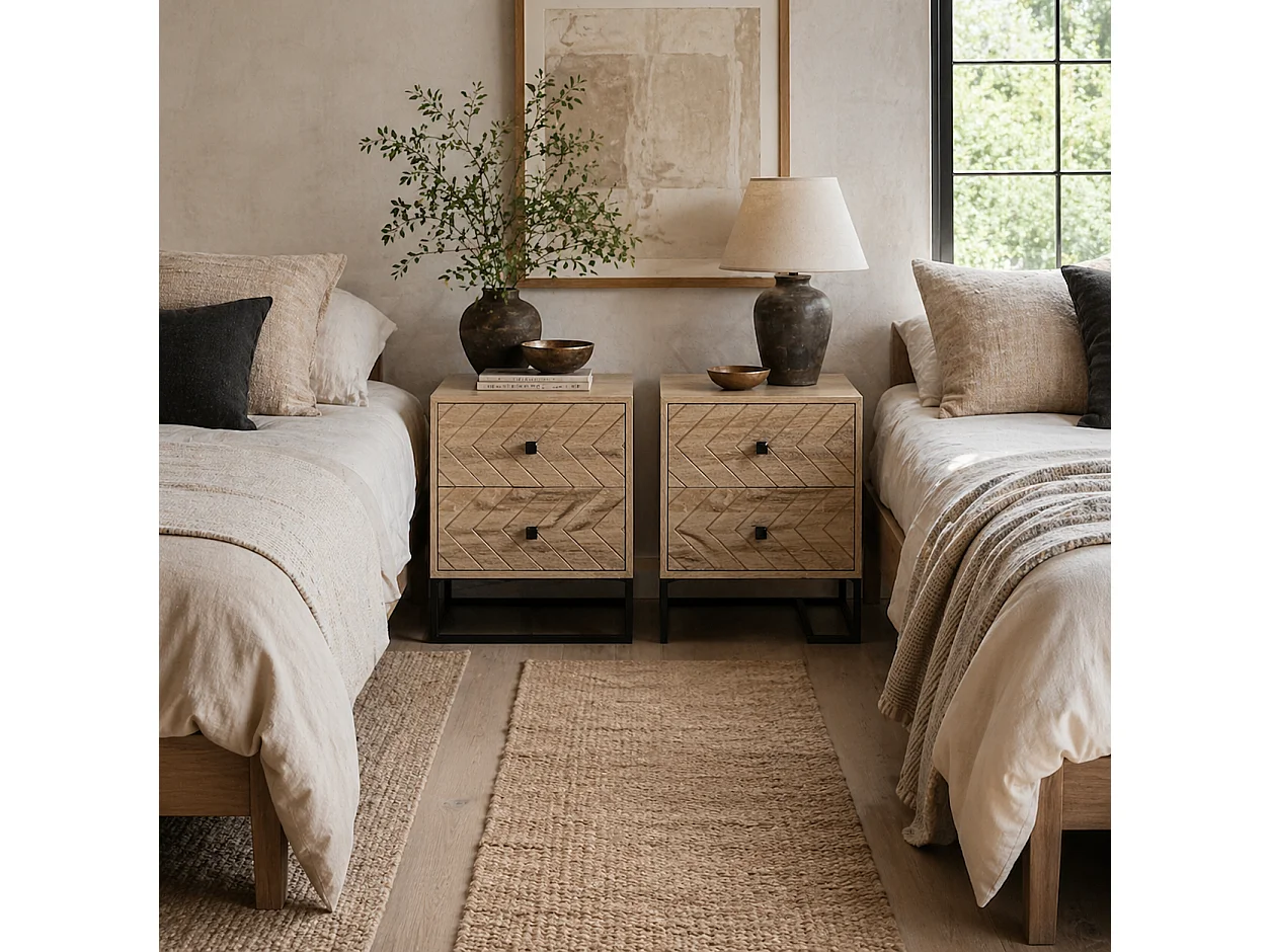 Sare Set of 2 Natural Wood Effect Bedside Tables Zig Zag 2 Drawers