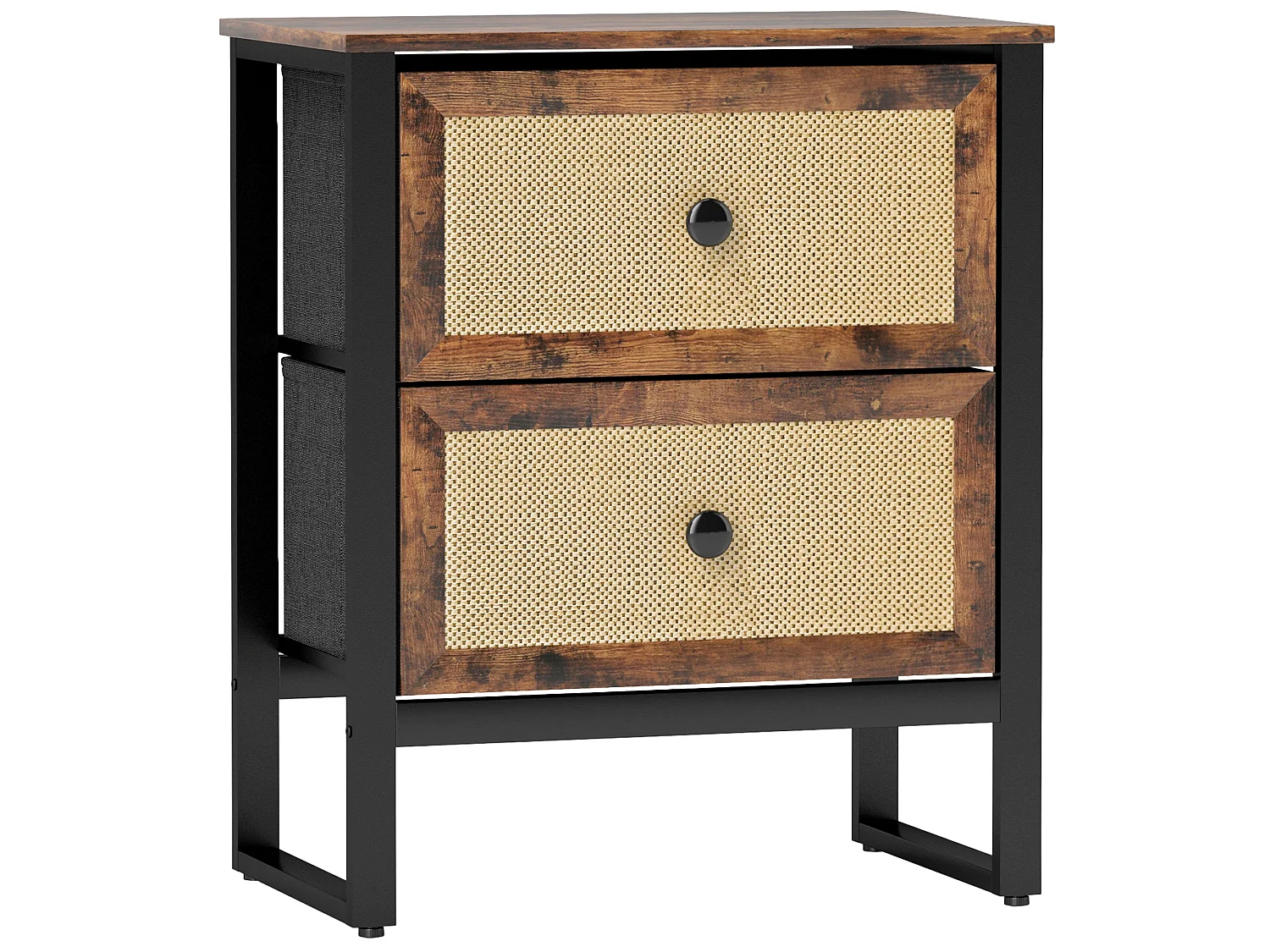 Mata Coyo Rustic Brown Industrial Bedside Table with 2 Woven Drawers