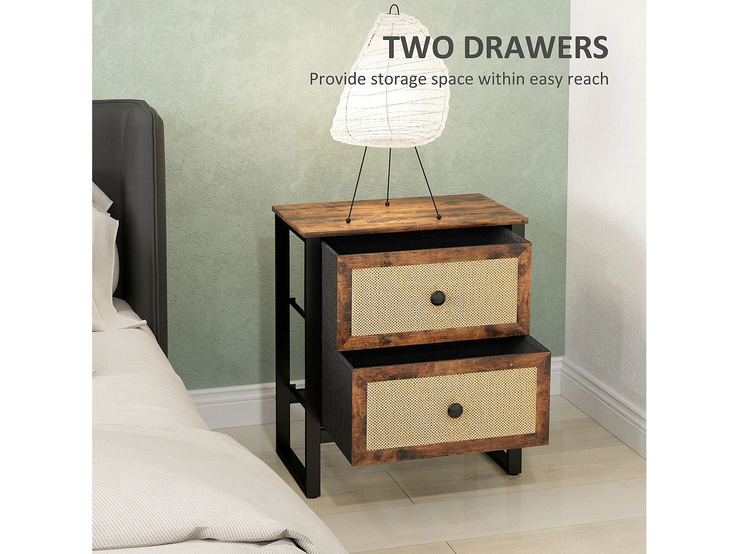 Mata Coyo Rustic Brown Industrial Bedside Table with 2 Woven Drawers