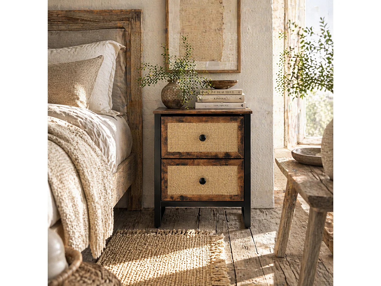Mata Coyo Rustic Brown Industrial Bedside Table with 2 Woven Drawers