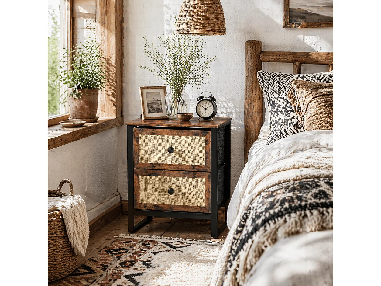 Mata Coyo Rustic Brown Industrial Bedside Table with 2 Woven Drawers