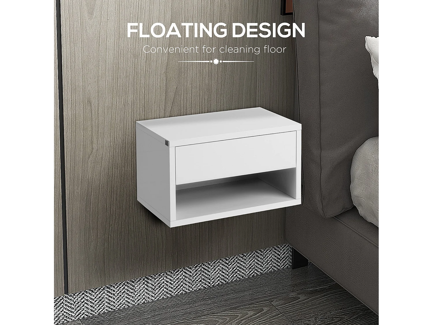 Veve Set of 2 High Gloss White Floating Bedside Tables with Drawer and Shelf