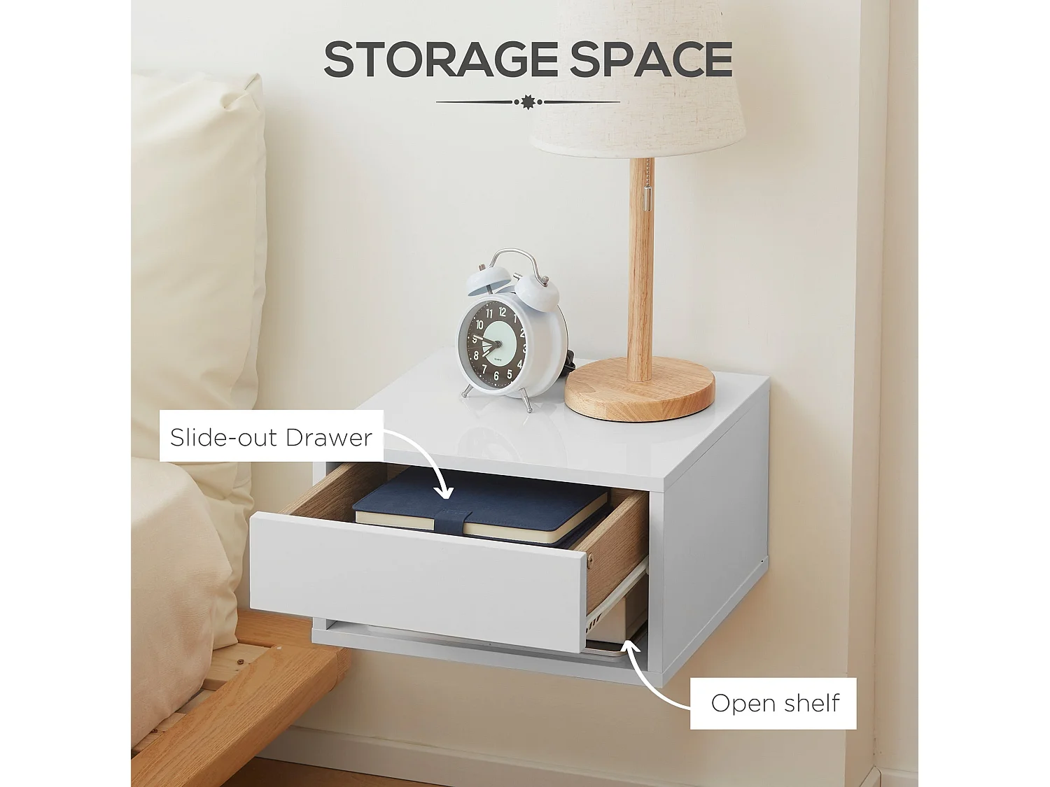 Veve Set of 2 High Gloss White Floating Bedside Tables with Drawer and Shelf