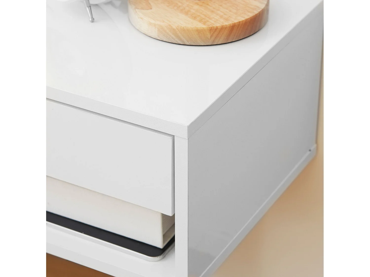 Veve Set of 2 High Gloss White Floating Bedside Tables with Drawer and Shelf