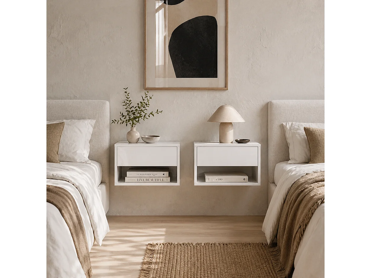 Veve Set of 2 High Gloss White Floating Bedside Tables with Drawer and Shelf