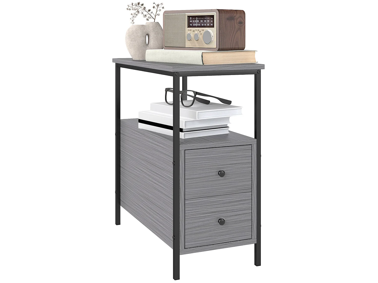 Loto Narrow Grey Wood Effect Bedside Table with 2 Drawers and Top Shelf