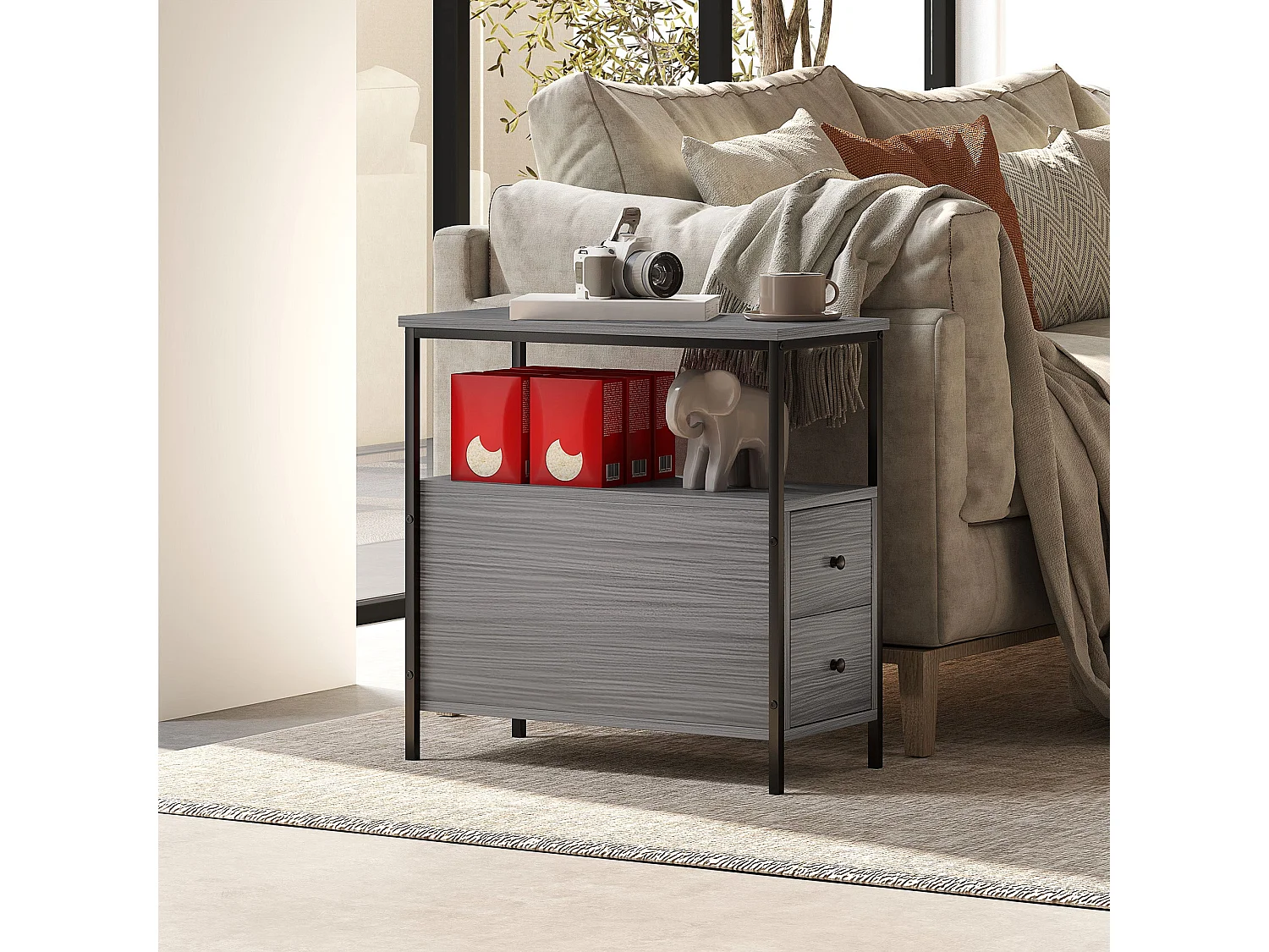 Loto Narrow Grey Wood Effect Bedside Table with 2 Drawers and Top Shelf
