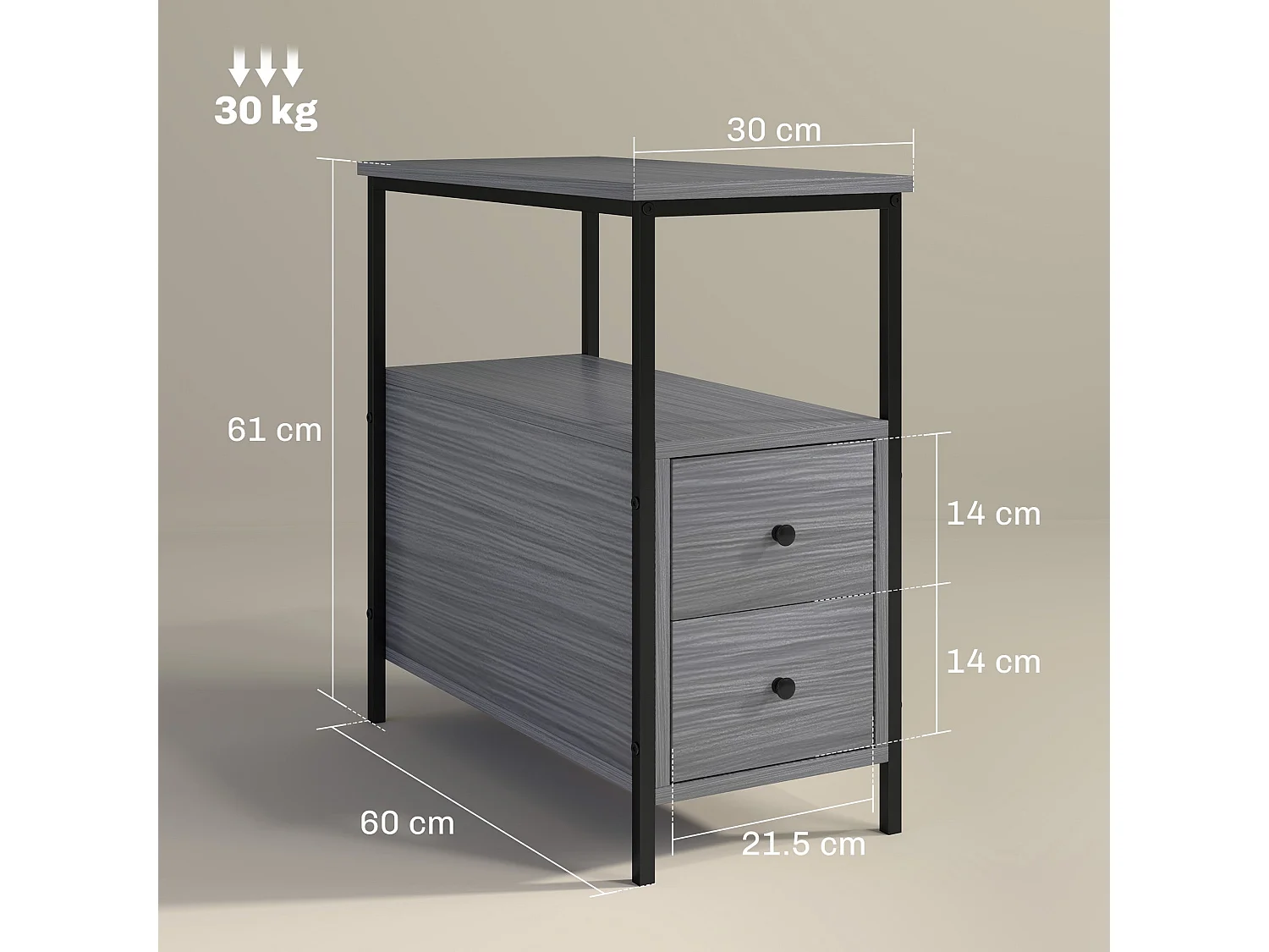 Loto Narrow Grey Wood Effect Bedside Table with 2 Drawers and Top Shelf
