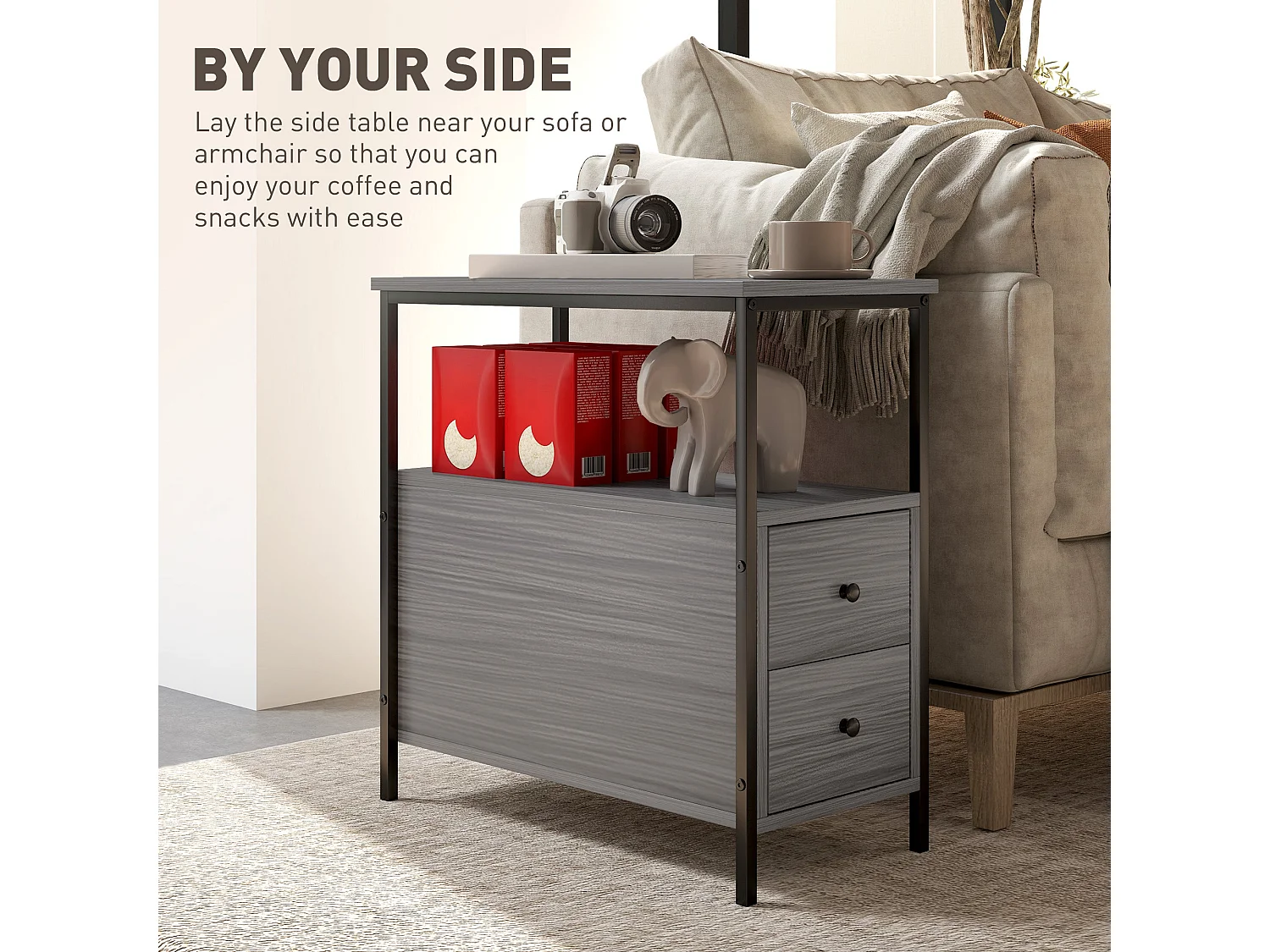 Loto Narrow Grey Wood Effect Bedside Table with 2 Drawers and Top Shelf