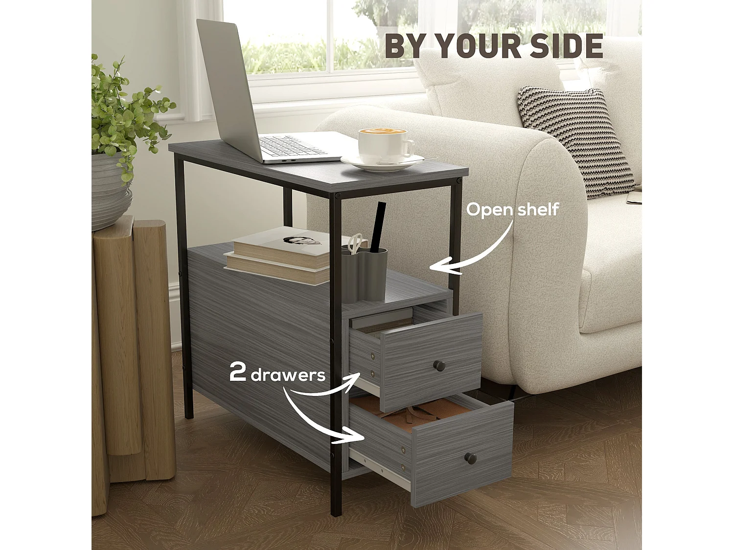 Loto Narrow Grey Wood Effect Bedside Table with 2 Drawers and Top Shelf