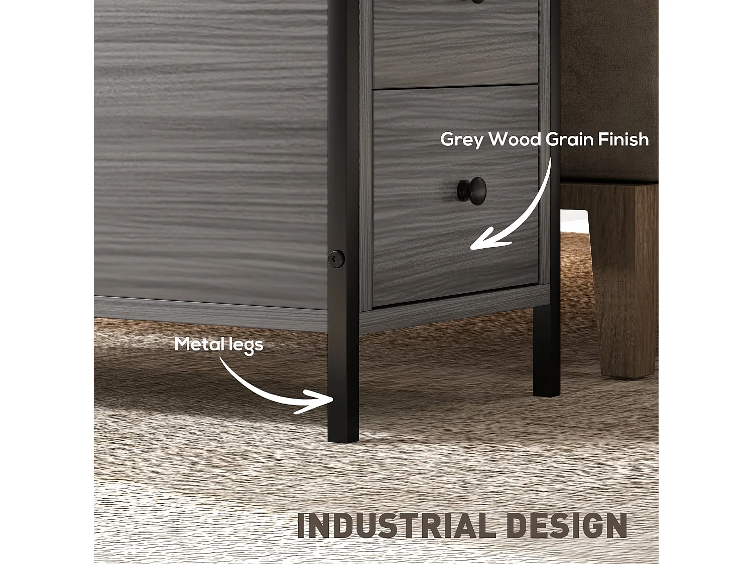 Loto Narrow Grey Wood Effect Bedside Table with 2 Drawers and Top Shelf
