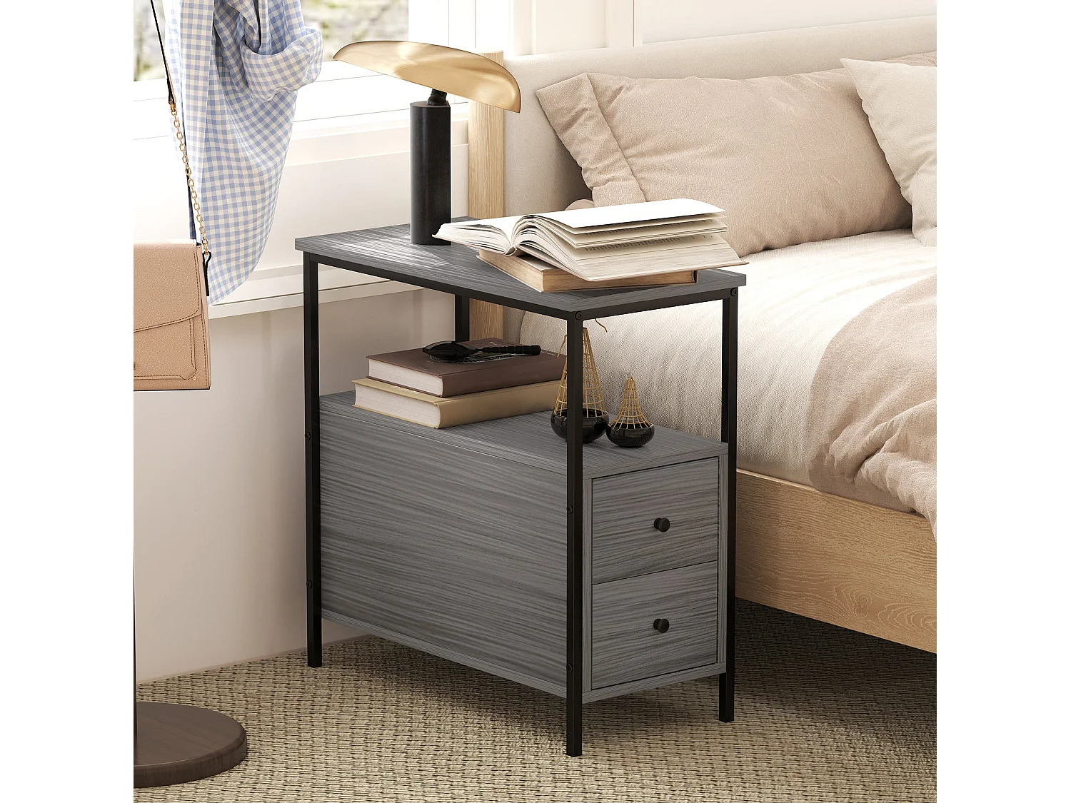 Loto Narrow Grey Wood Effect Bedside Table with 2 Drawers and Top Shelf