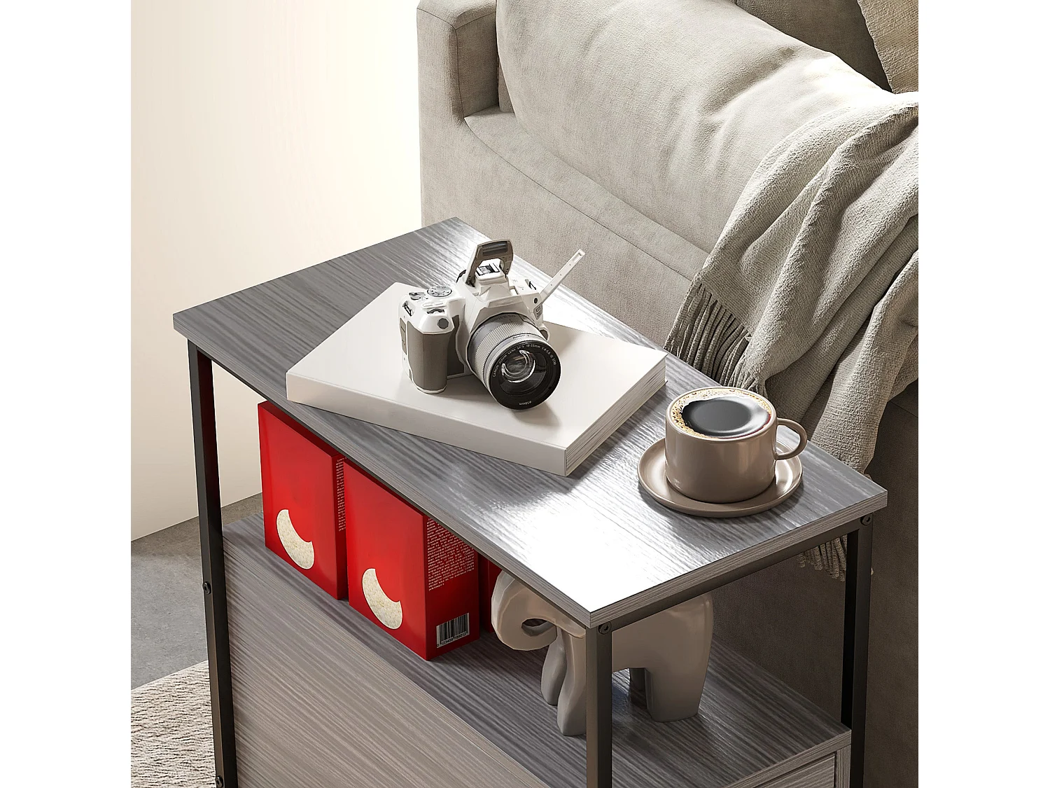 Loto Narrow Grey Wood Effect Bedside Table with 2 Drawers and Top Shelf