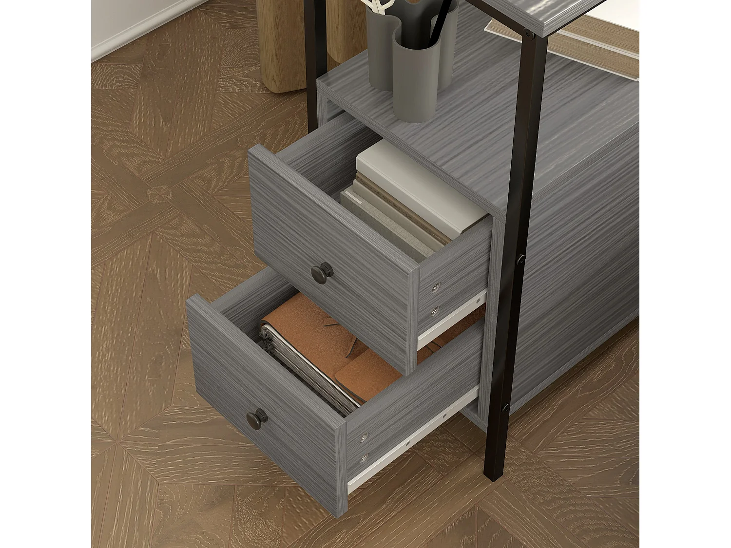 Loto Narrow Grey Wood Effect Bedside Table with 2 Drawers and Top Shelf