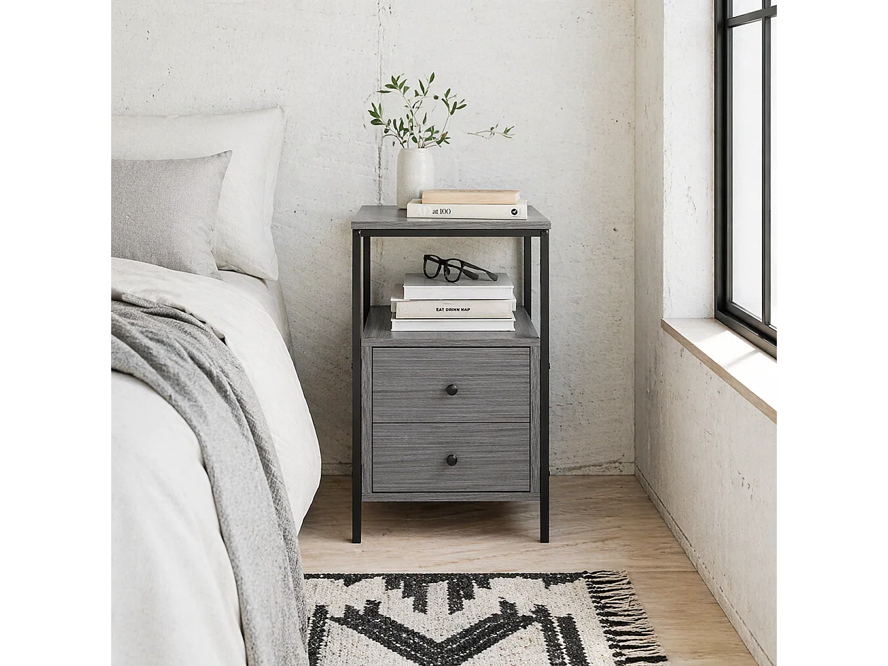 Loto Narrow Grey Wood Effect Bedside Table with 2 Drawers and Top Shelf