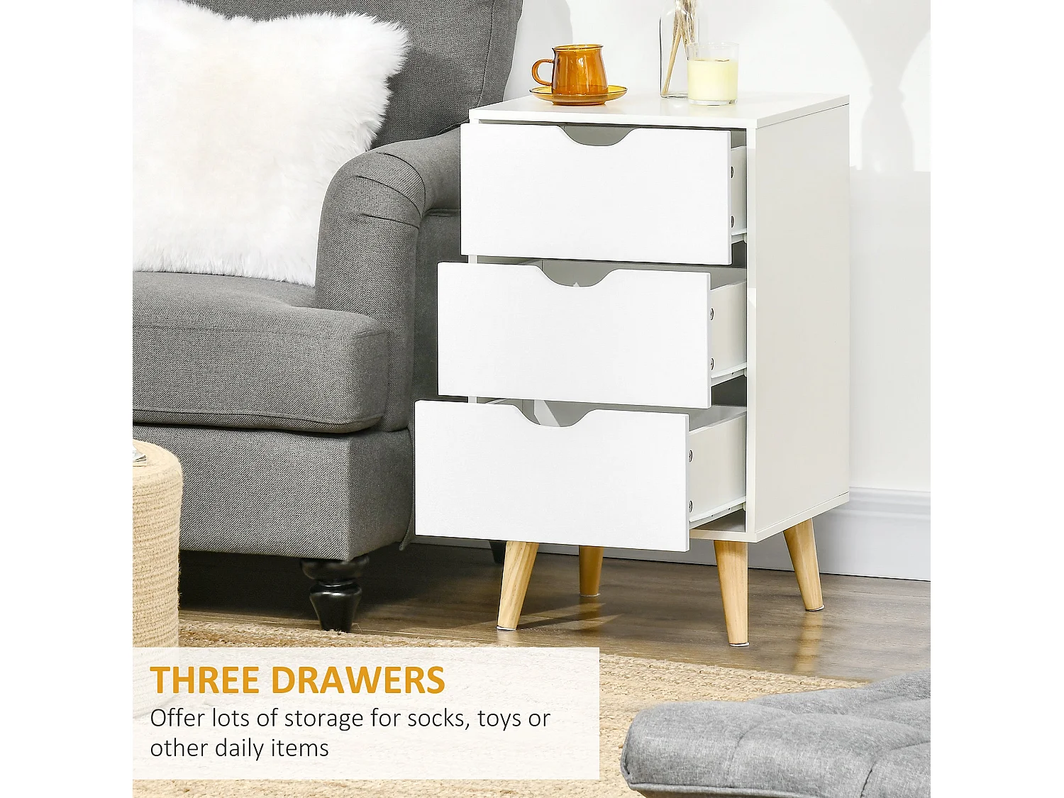 Rato 3 Drawer Bedside Table White with Natural Pine Legs