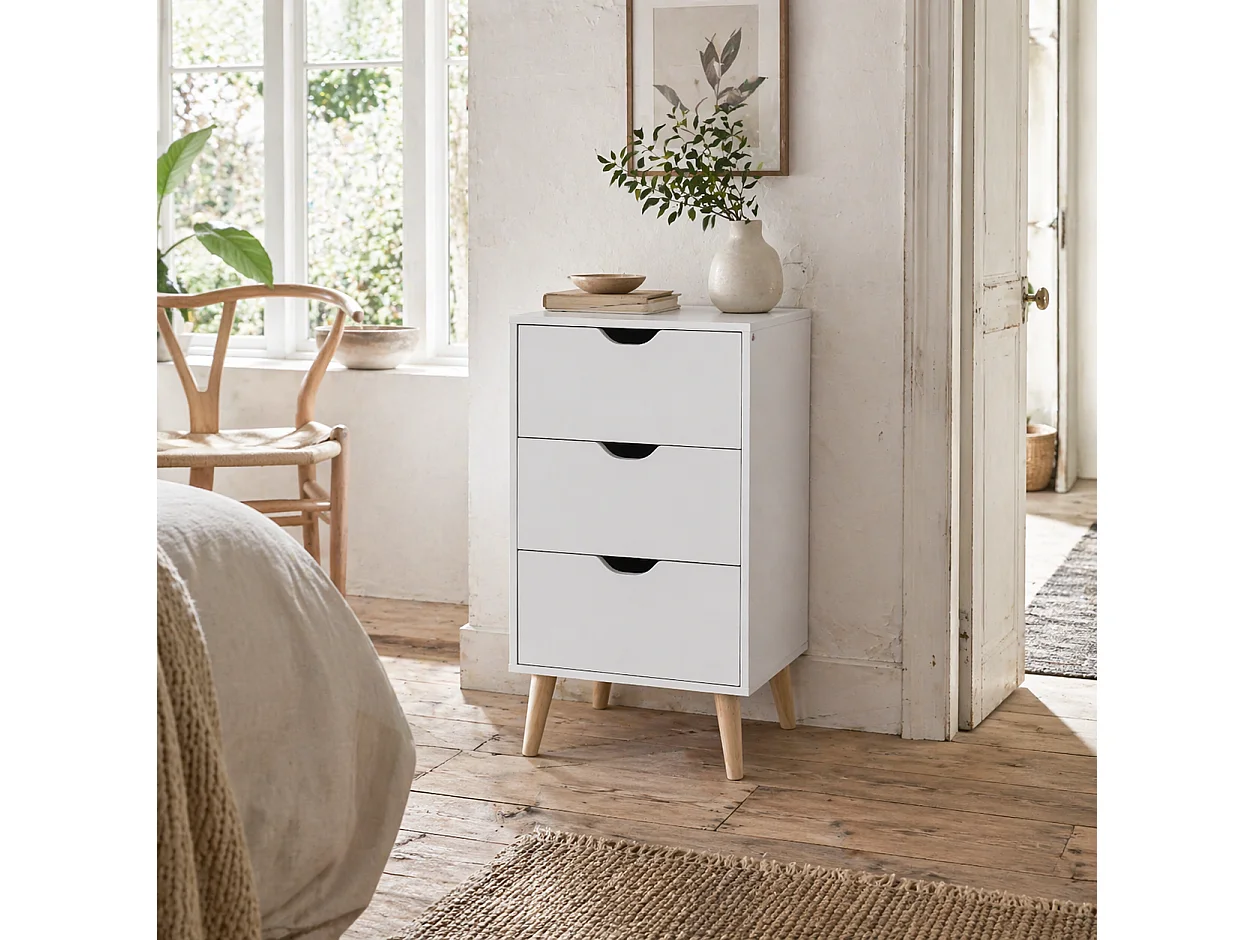Rato 3 Drawer Bedside Table White with Natural Pine Legs