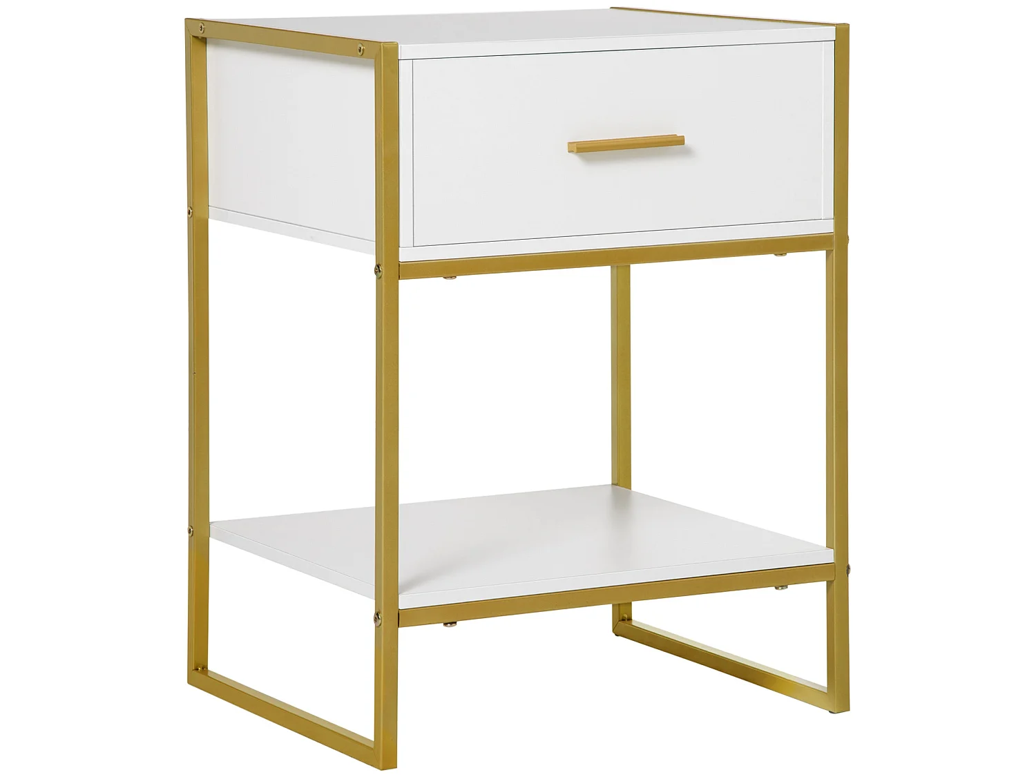 Safifi White Bedside Table with 1 Drawer and 1 Shelf Gold Tone Frame