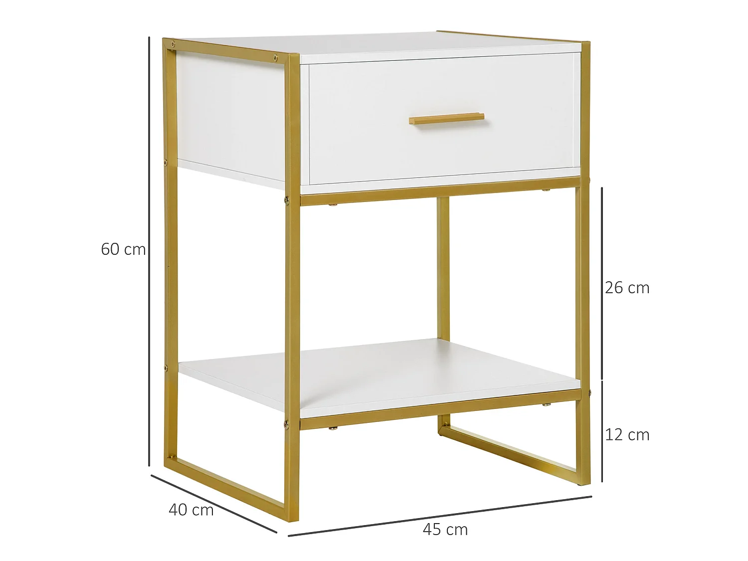 Safifi White Bedside Table with 1 Drawer and 1 Shelf Gold Tone Frame