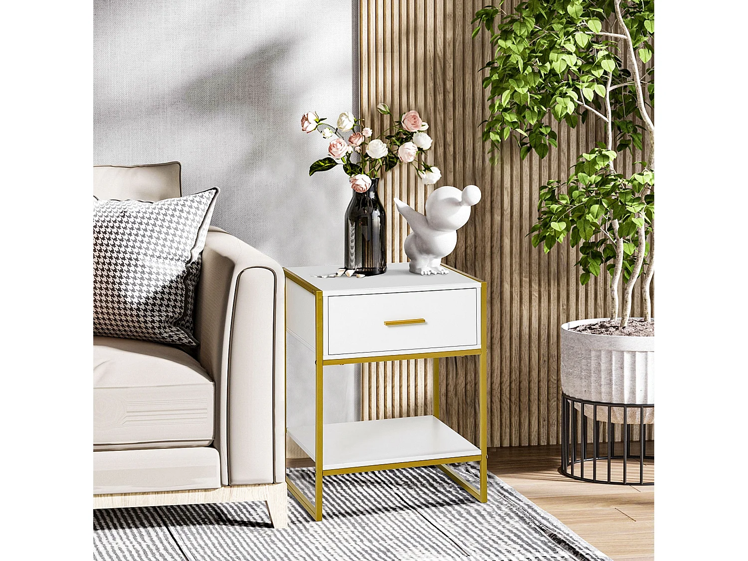 Safifi White Bedside Table with 1 Drawer and 1 Shelf Gold Tone Frame