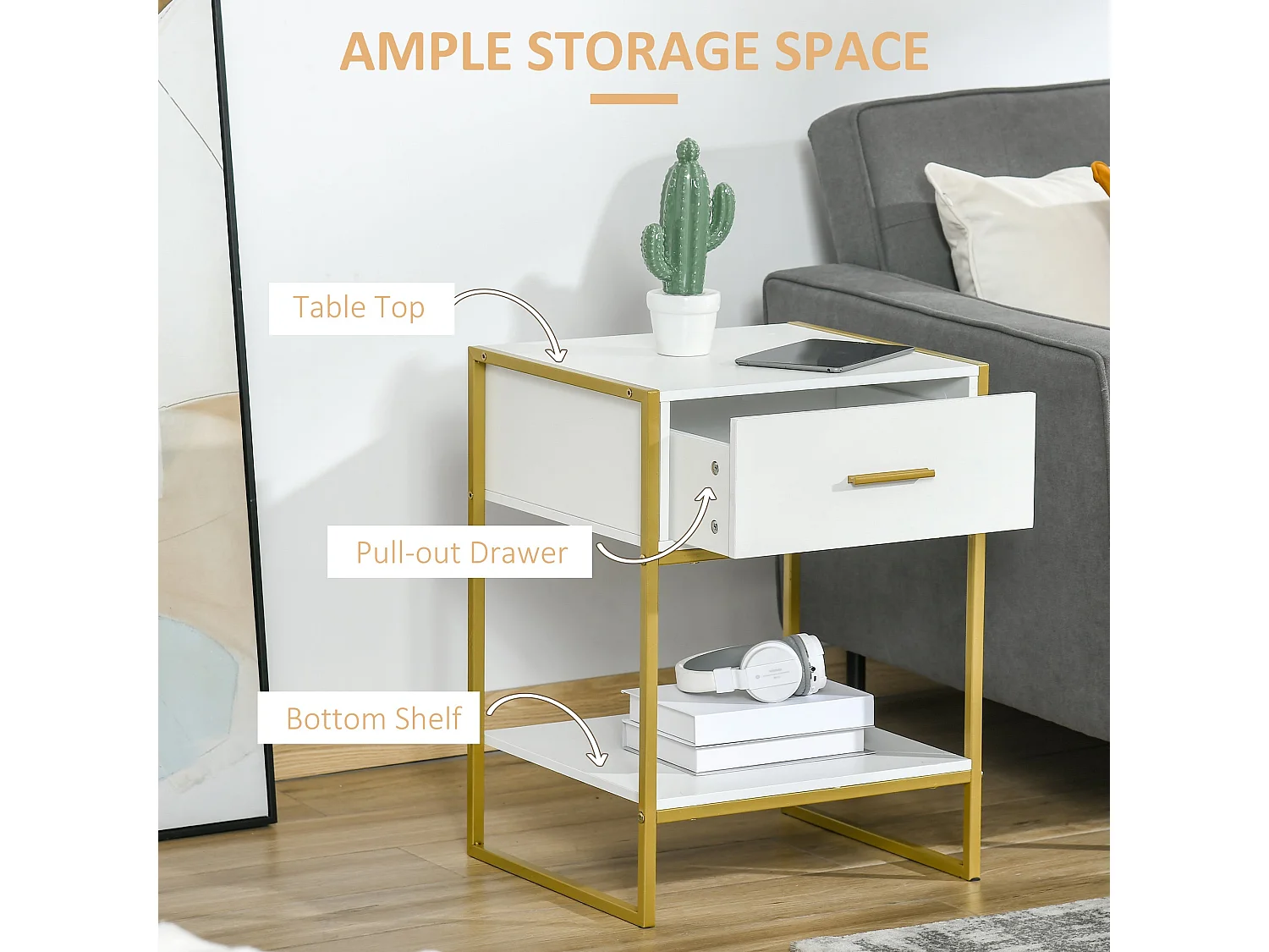 Safifi White Bedside Table with 1 Drawer and 1 Shelf Gold Tone Frame