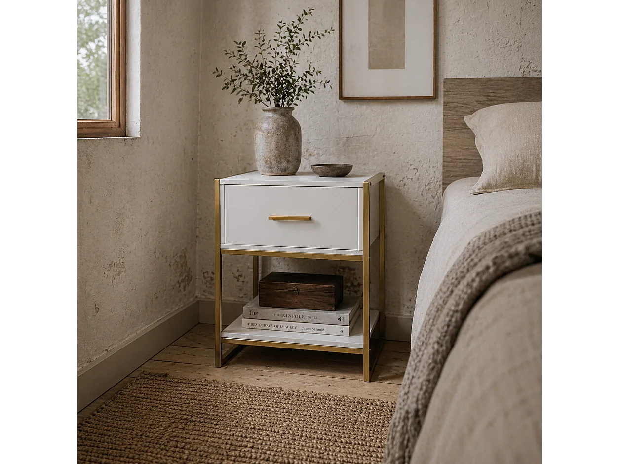 Safifi White Bedside Table with 1 Drawer and 1 Shelf Gold Tone Frame