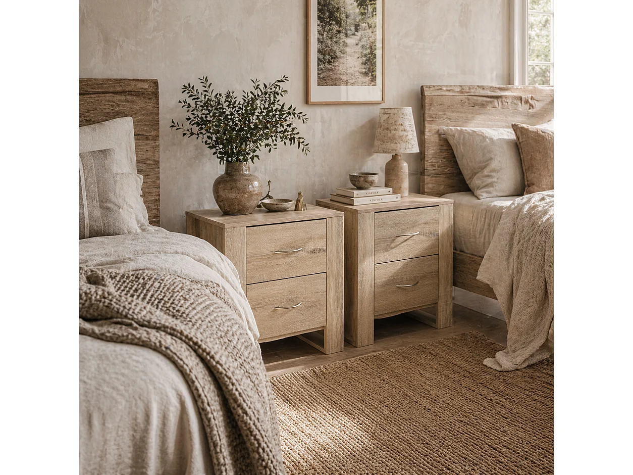 Colu Set of 2 Brown Wooden Bedside Tables with 2 Drawers