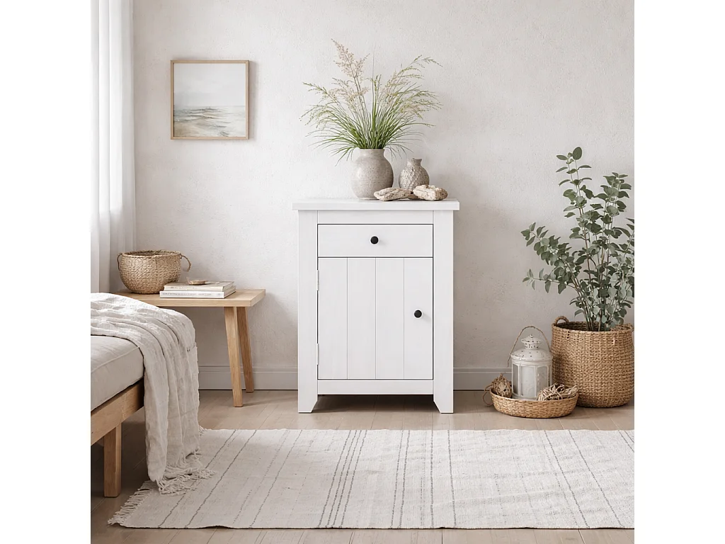 Tralee Panelled White Washed Pine Bedside Table Solid Wood Antique Pewter Handles