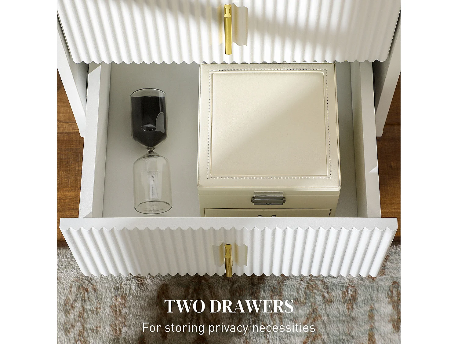Bapano White and Gold 2 Drawer Ribbed Bedside Table