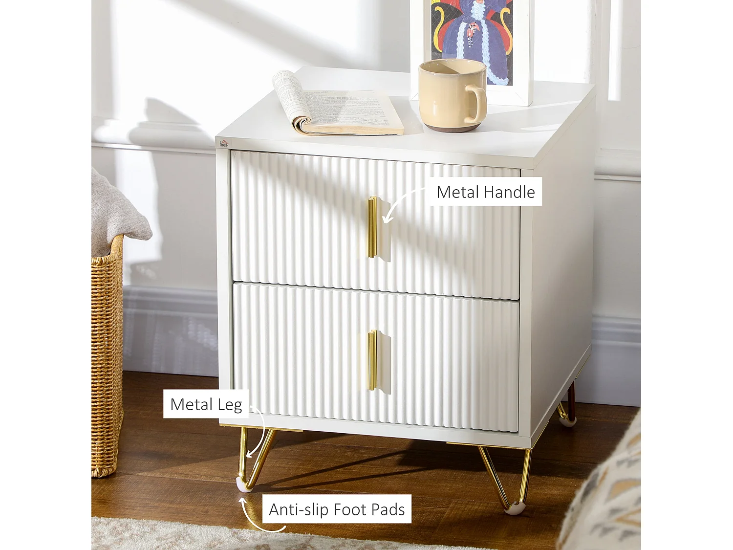Bapano White and Gold 2 Drawer Ribbed Bedside Table