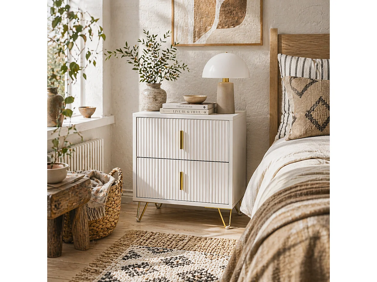 Bapano White and Gold 2 Drawer Ribbed Bedside Table